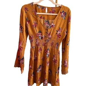 V-Neck Floral Dress - Long Sleeve Floral Dress - Ruched Waist
